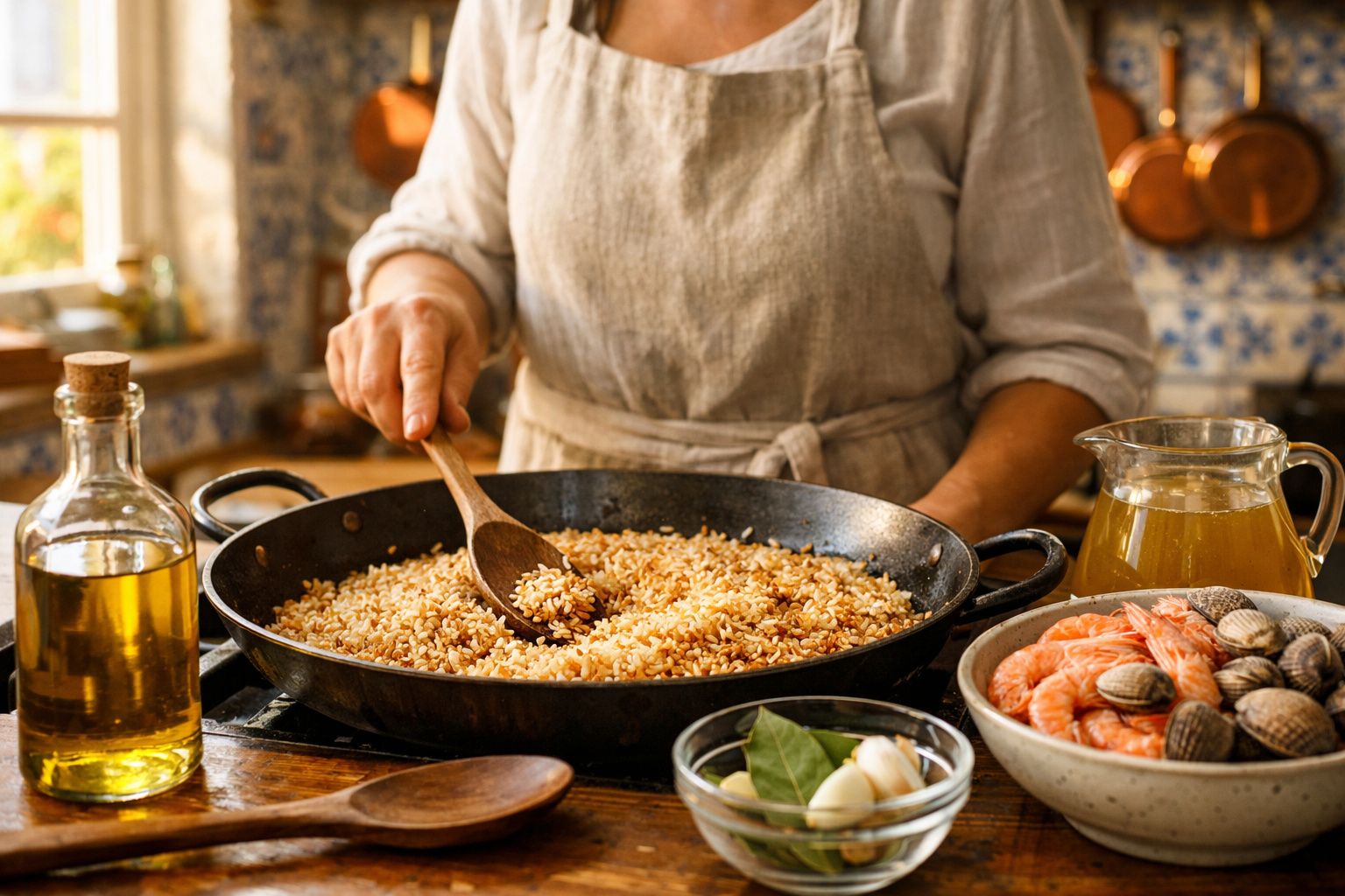 Pessoa a cozinhar arroz numa panela grande com camarão, amêijoas e azeite na bancada da cozinha.