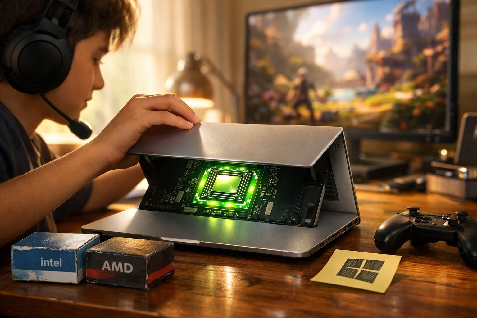 Criança com auscultadores a interagir com portátil aberto mostrando chip verde brilhante, com consola e caixas Intel e AMD.