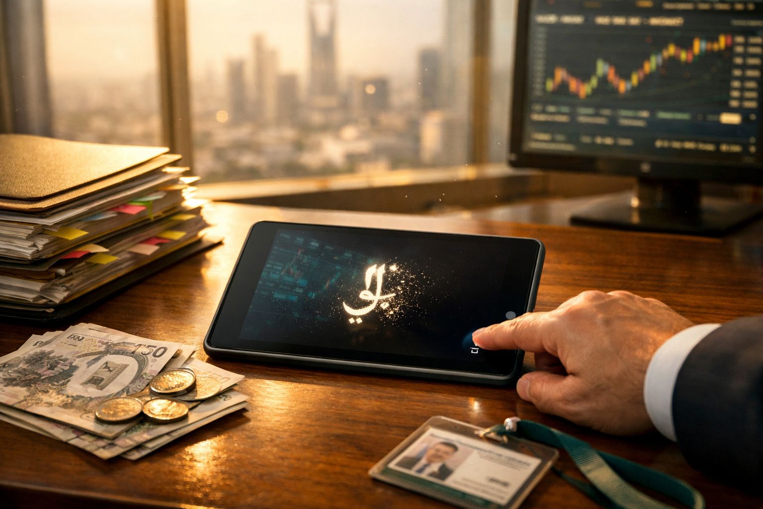 Mesa com documentos, moedas, notas, tablet com símbolo financeiro e mão a tocar no ecrã, vista urbana ao fundo.