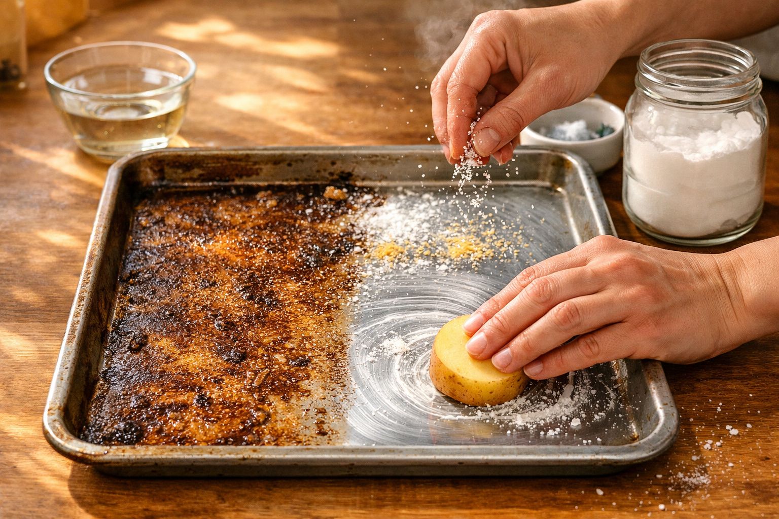 Pessoa a esfregar meio batata com sal grosso numa tabuleiro metálico usado para cozinhar.
