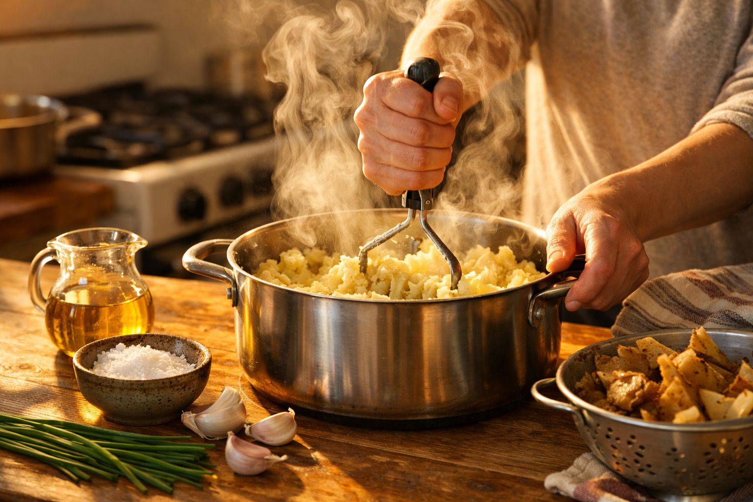 Pessoa a esmagar batatas numa panela com vapor a sair, acompanhadas de azeite, sal, alho e batatas assadas.