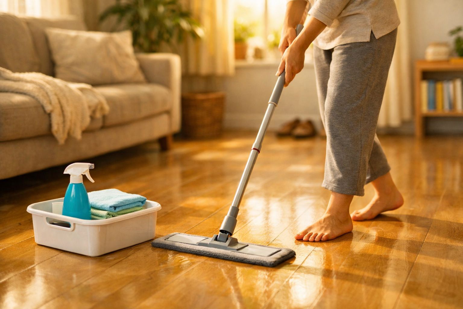 Pessoa a limpar chão de madeira com esfregona num ambiente acolhedor e iluminado.