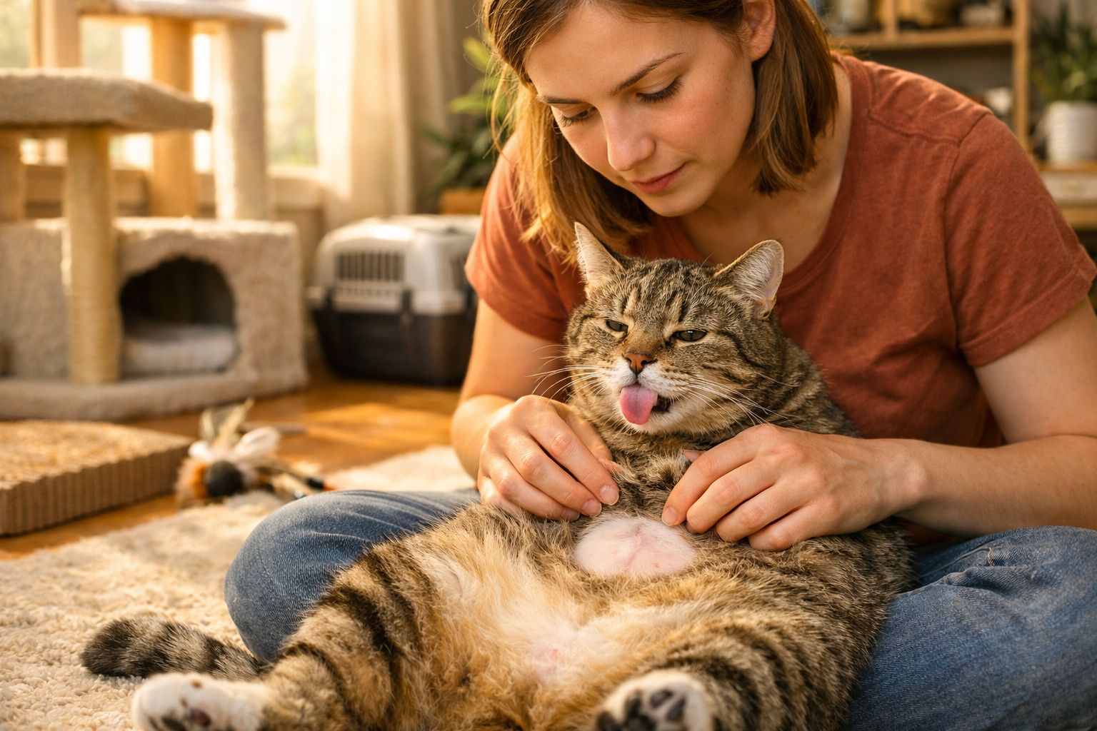 Mulher acaricia gato grande de pelo às riscas sentado no chão com a língua de fora numa sala acolhedora.