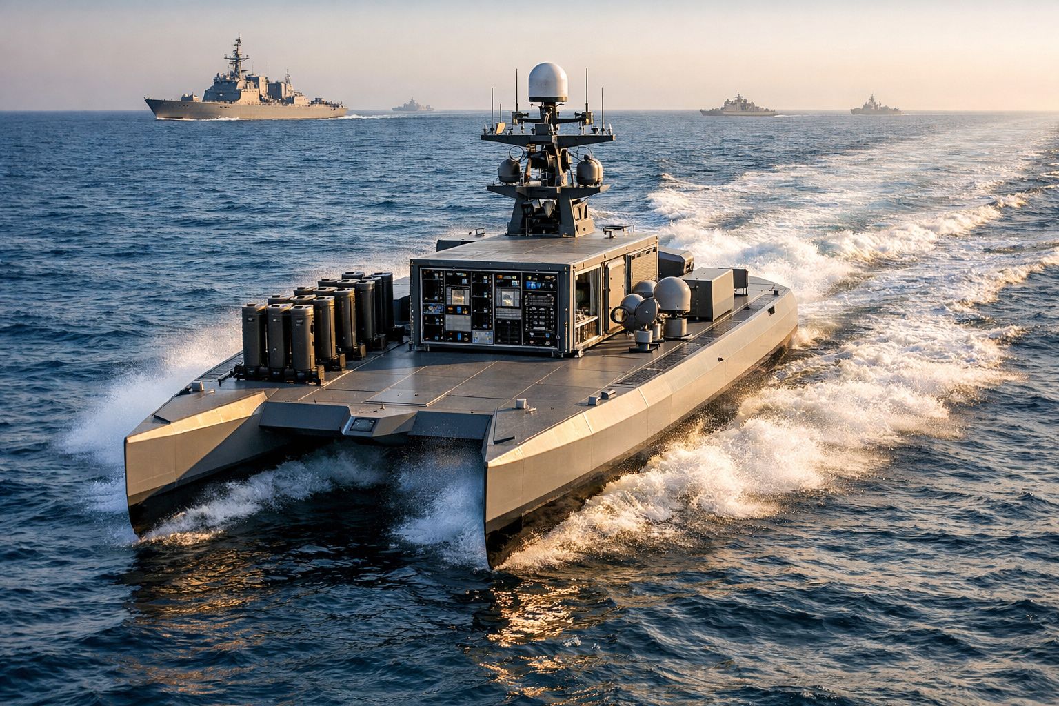 Embarcação militar não tripulada a alta velocidade no mar com navios de guerra ao fundo.