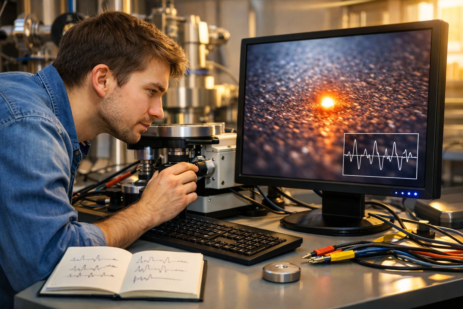 Homem a observar um instrumento científico ligado a um ecrã que mostra dados de vibração.