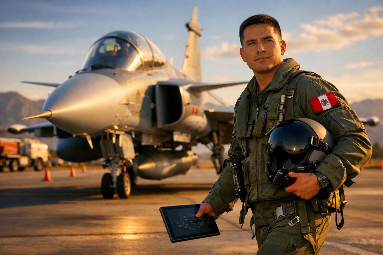 Piloto de caça peruano junto a um avião de combate num aeroporto ao pôr do sol.