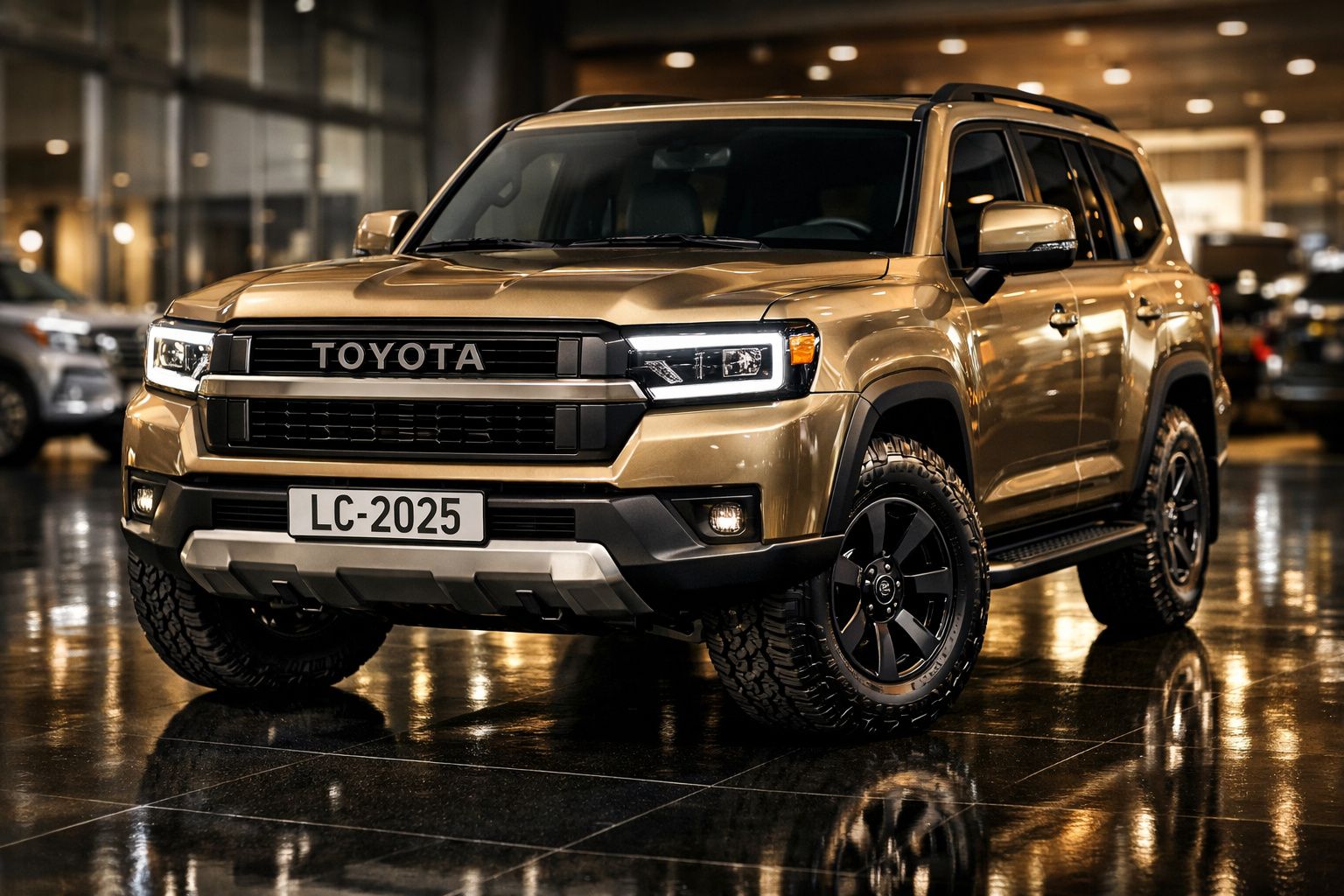 Veículo Toyota SUV de cor dourada com matrícula LC-2025 exposto num interior brilhante.