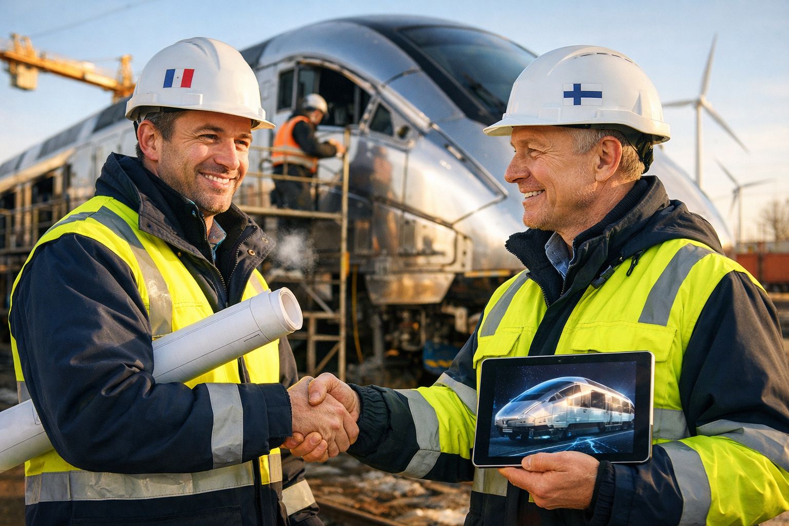 Dois engenheiros com capacetes e coletes refletores apertam as mãos com um comboio moderno ao fundo.