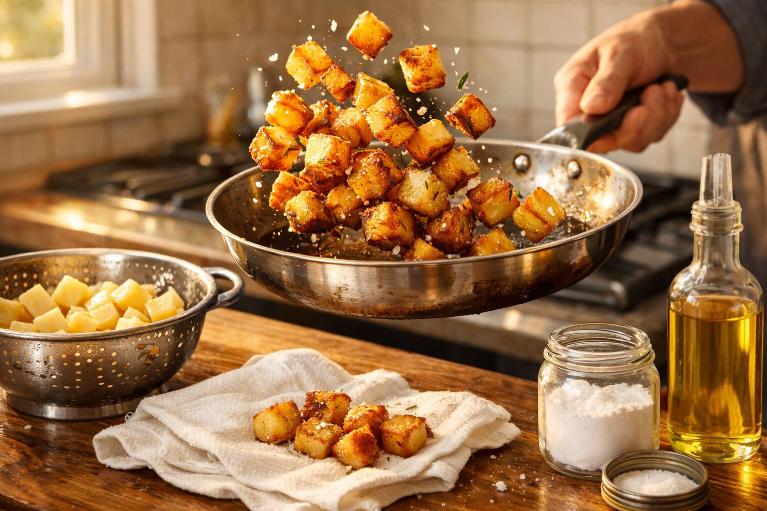 Cubos de batata dourados a serem salteados numa frigideira numa cozinha com ingredientes e utensílios à volta.