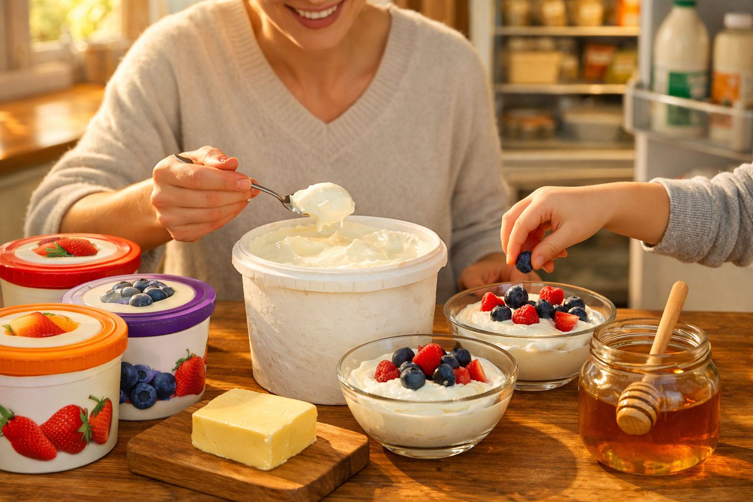 Duas pessoas a servir iogurte natural em taças com frutos vermelhos e mel numa mesa de cozinha.