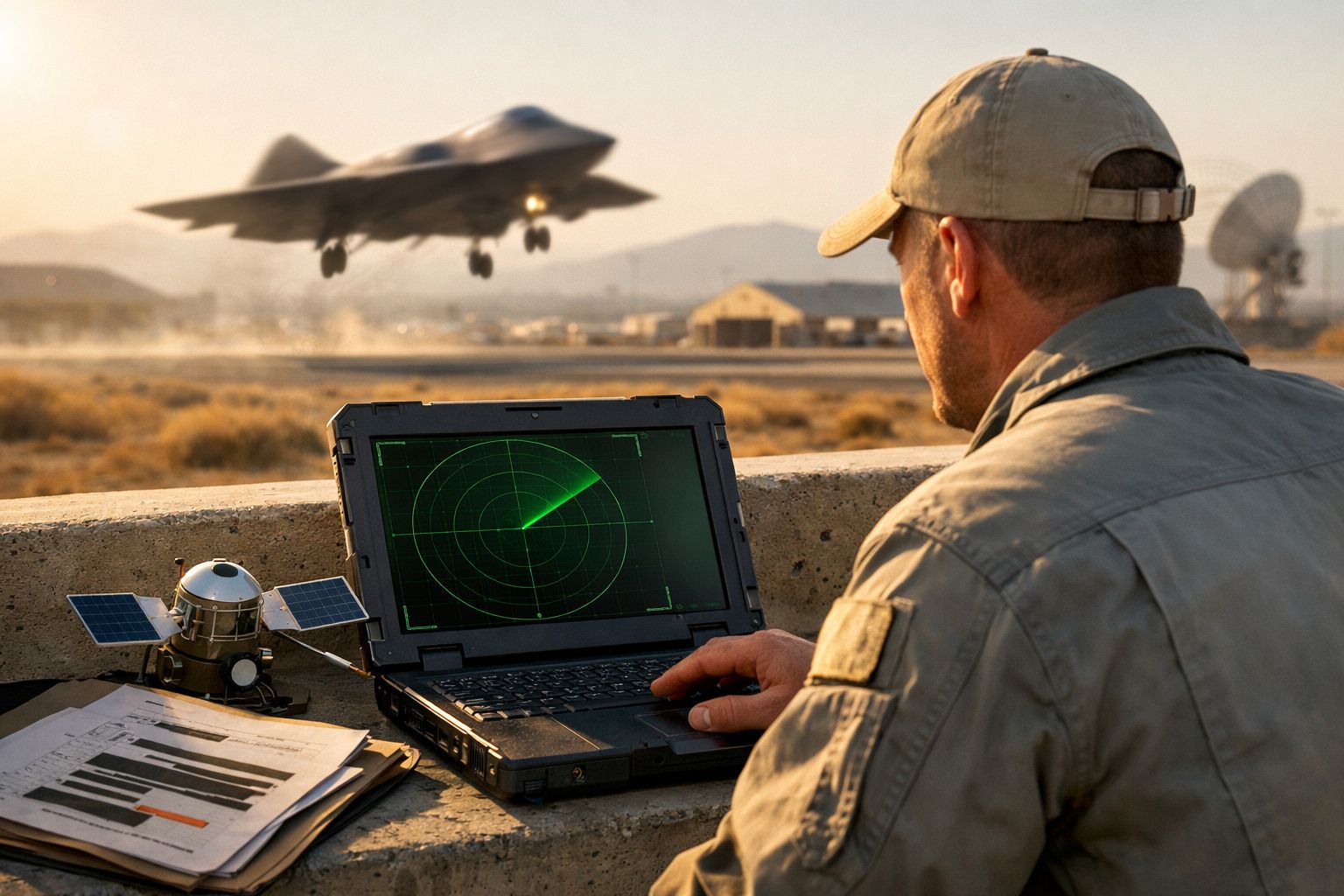 Homem em uniforme militar observa radar digital num portátil enquanto jato descola ao fundo.