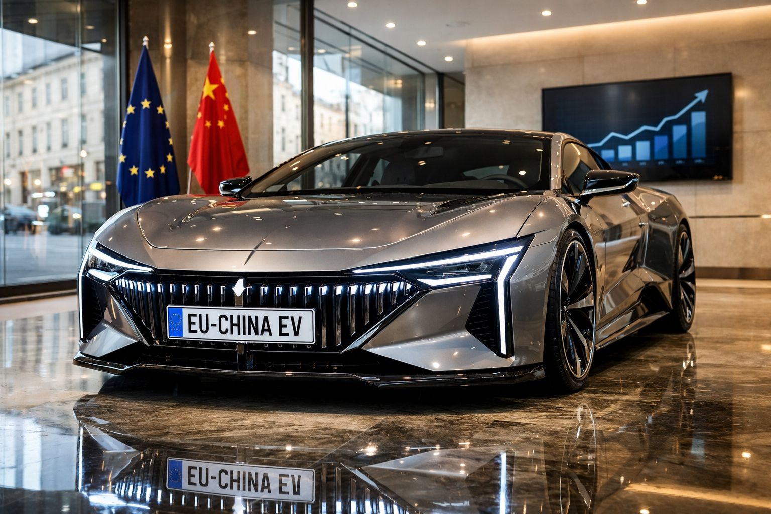 Carro elétrico desportivo cinzento estacionado em interior com bandeiras da UE e China ao fundo.