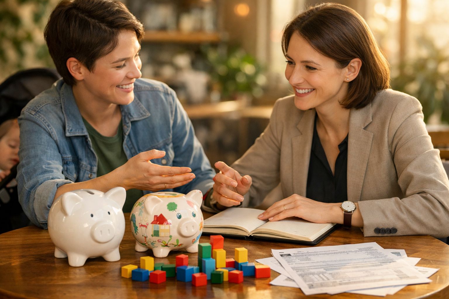 Duas mulheres conversam sorrindo, com mealheiros e documentos em cima da mesa numa reunião informal.