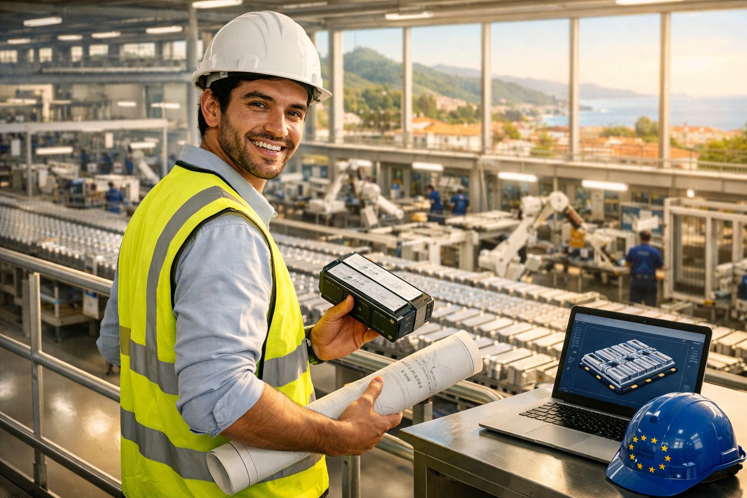 Engenheiro sorridente com capacete e colete de segurança numa fábrica moderna com laptop e planta.
