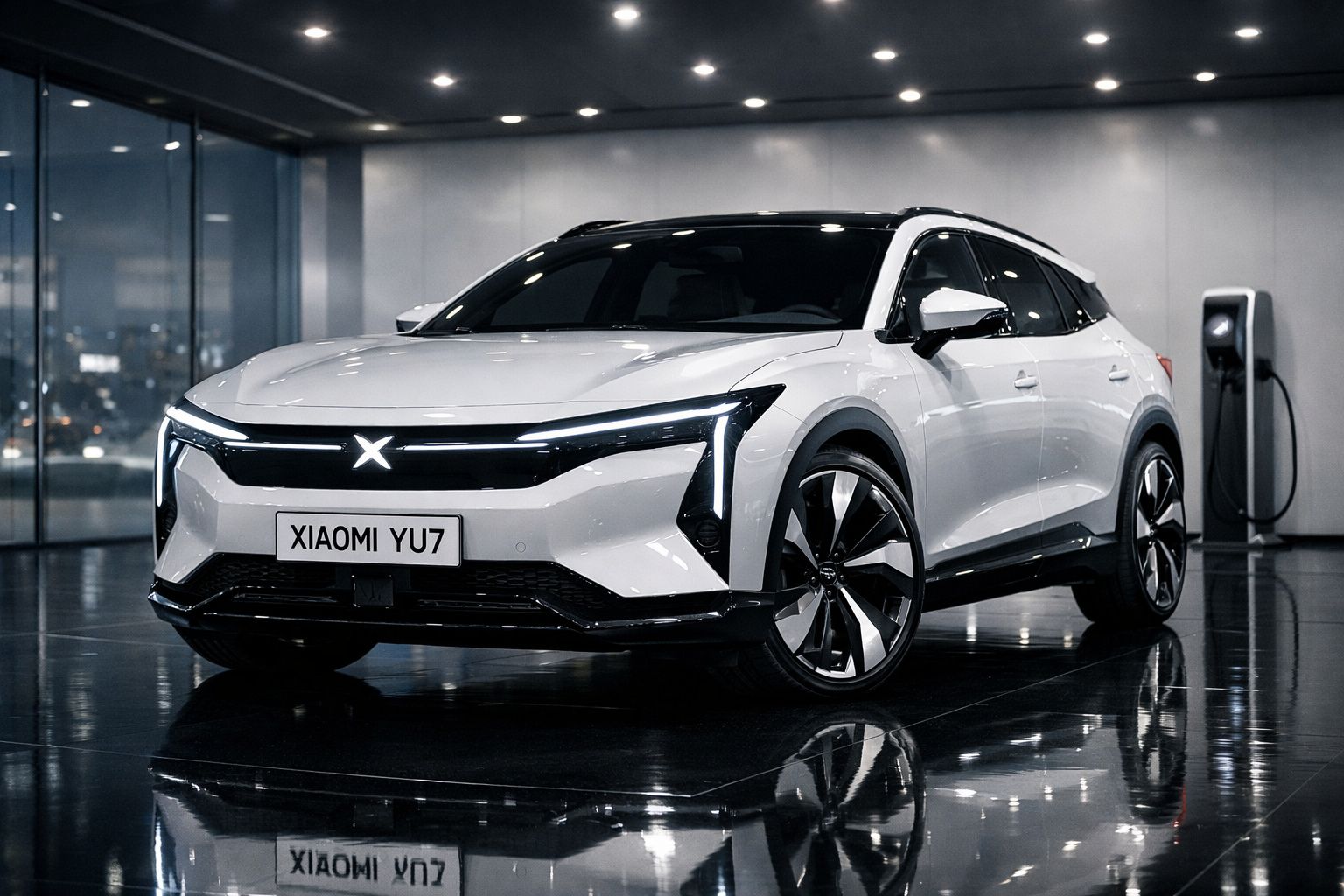 Carro elétrico branco Xiaomi YU7 estacionado em interior moderno com parede cinzenta e piso reflexivo.