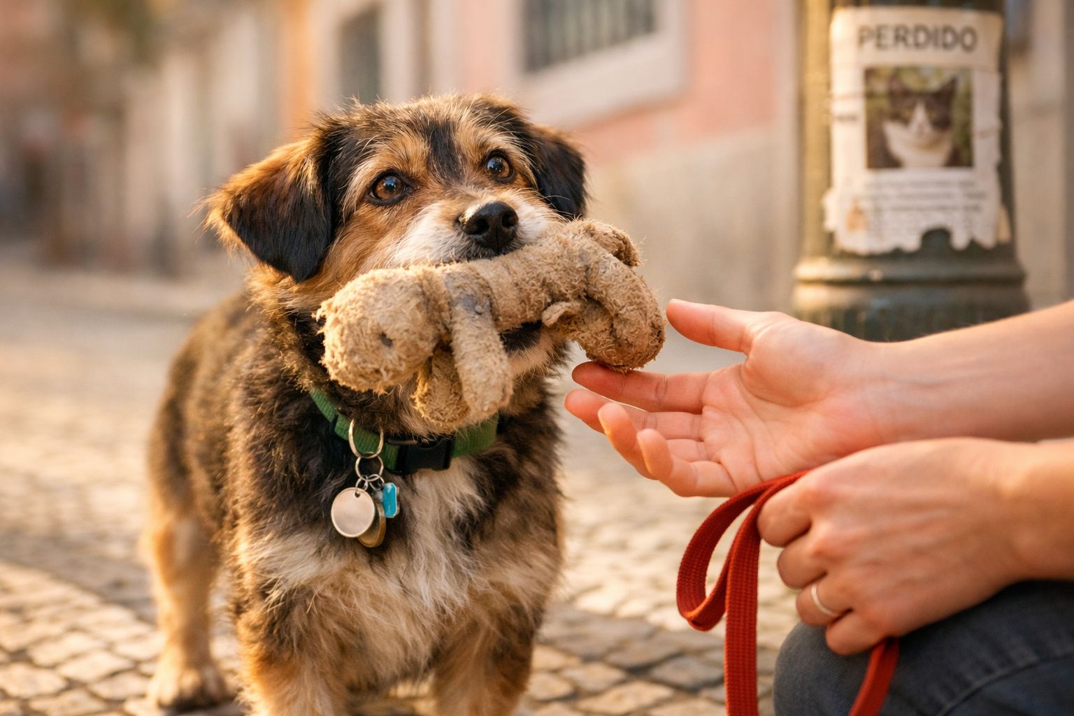 Cão castanho e preto segura brinquedo de peluche enquanto pessoa estende a mão numa rua de pedra.