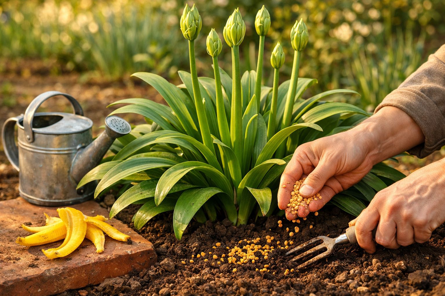 Mãos a fertilizar terra perto de planta florida com regador e cascas de banana ao lado.