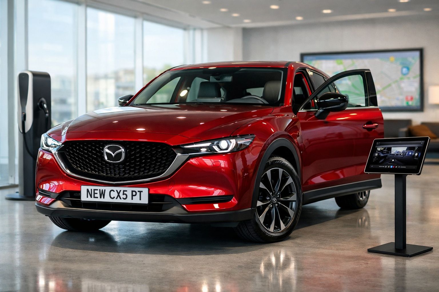Carro Mazda CX-5 PT vermelho em destaque num salão moderno com portas abertas e painel informativo ao lado.