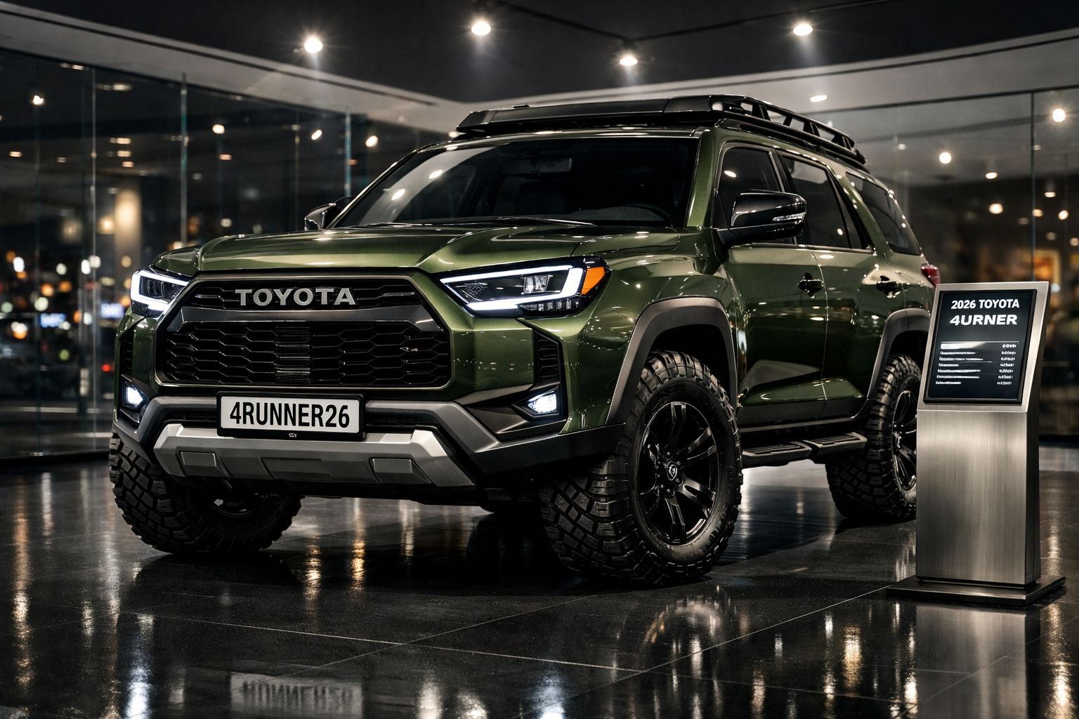 Carro Toyota 4Runner 2026 verde militar em exposição, ambiente moderno com luzes refletidas no chão preto.