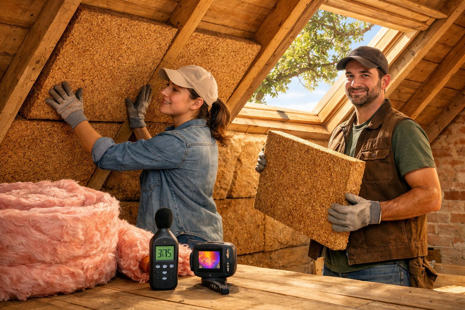 Casal a instalar isolamento térmico em sótão de madeira com ferramentas de medição ambiental.