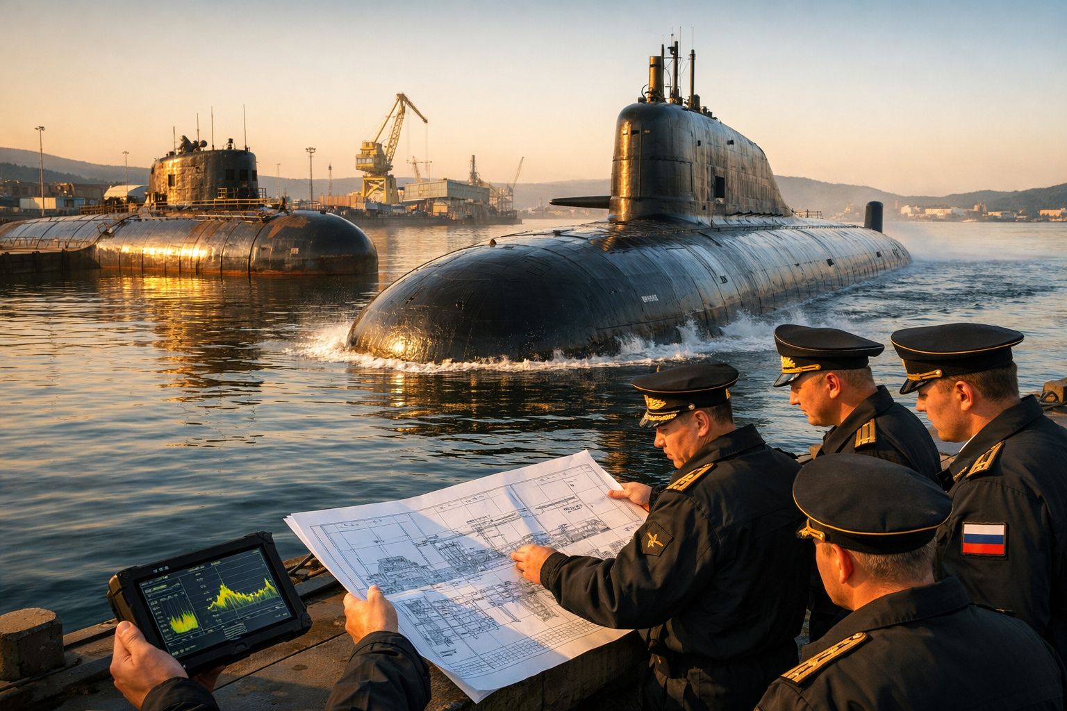 Oficiais navais analisam planos junto a submarinos no porto ao pôr do sol.
