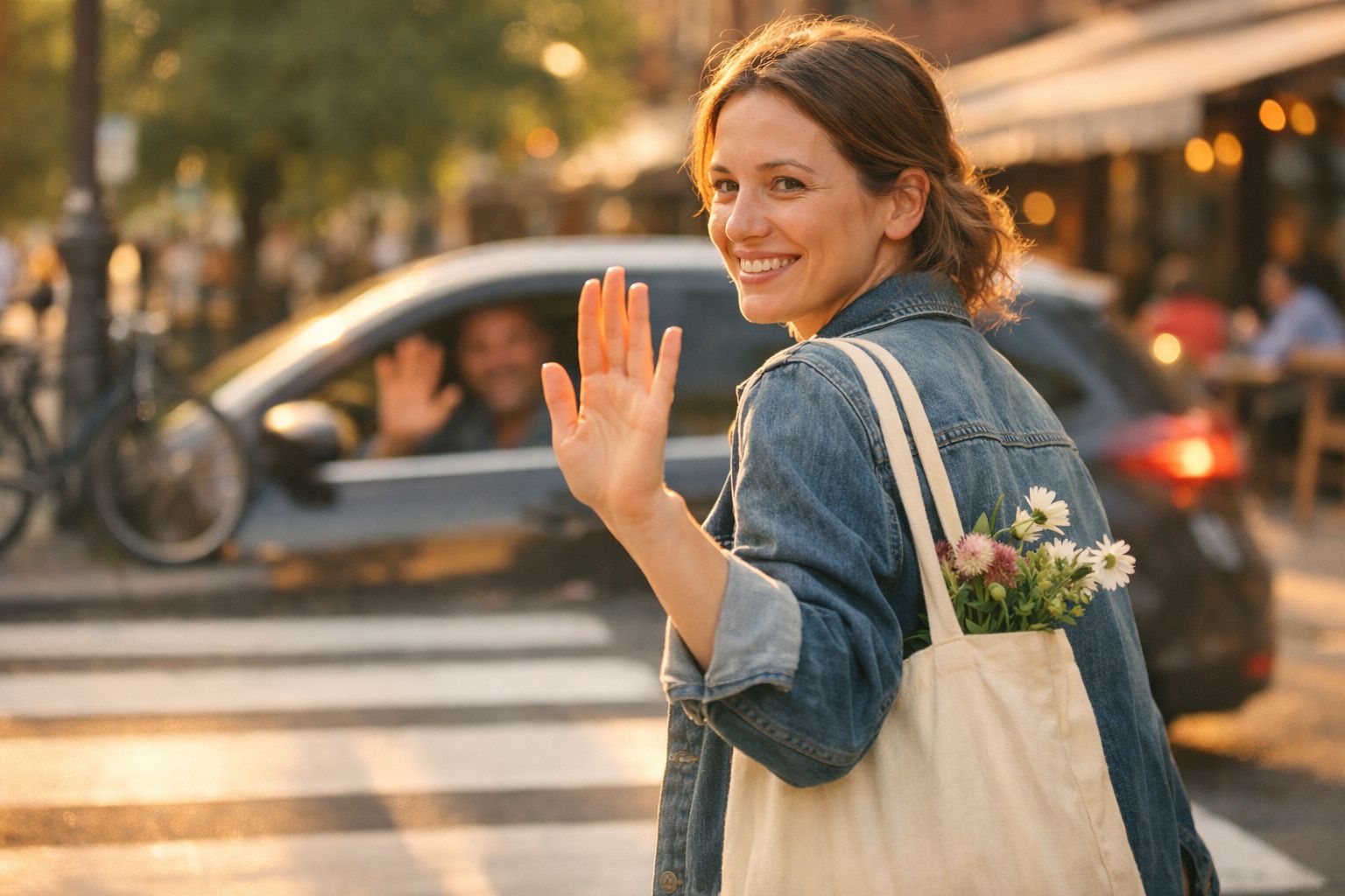 Mulher sorridente a acenar com a mão enquanto um homem num carro ao fundo também acena.