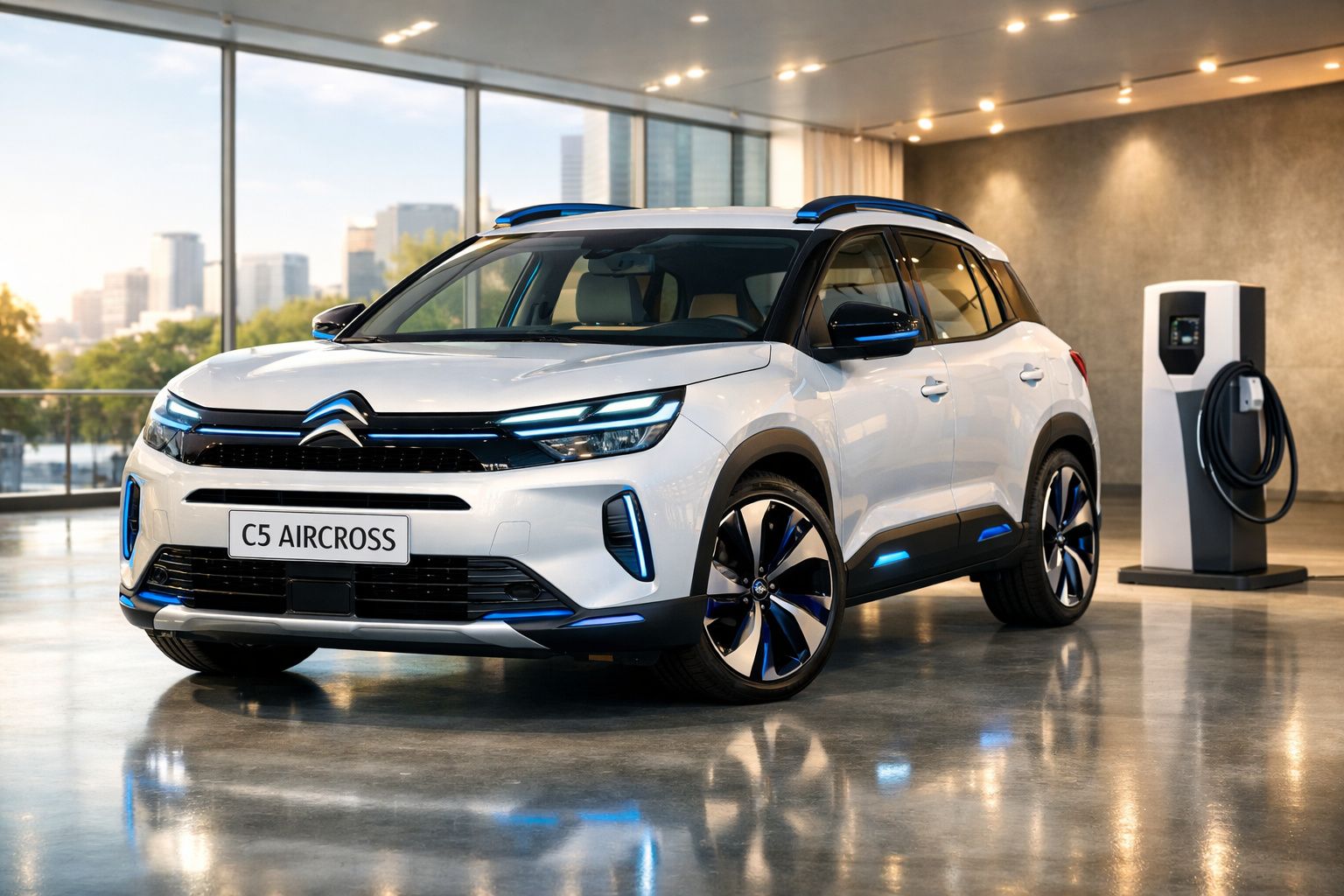 Carro Citroën C5 Aircross branco elétrico estacionado em garagem moderna junto a posto de carregamento.