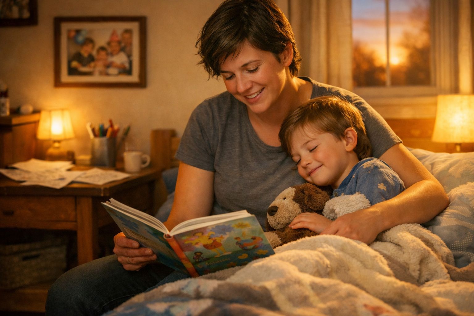 Mãe a ler uma história para o filho aconchegado na cama com um peluche, ambiente acolhedor e iluminado.