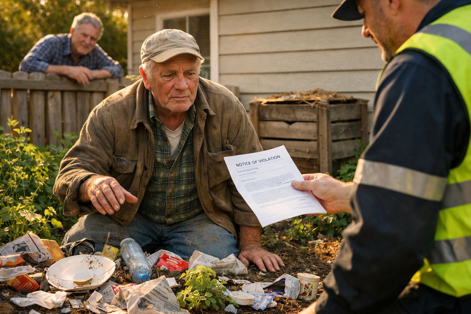 Homem idoso sentado em jardim junto de lixo recebe notificação de infração de trabalhador.