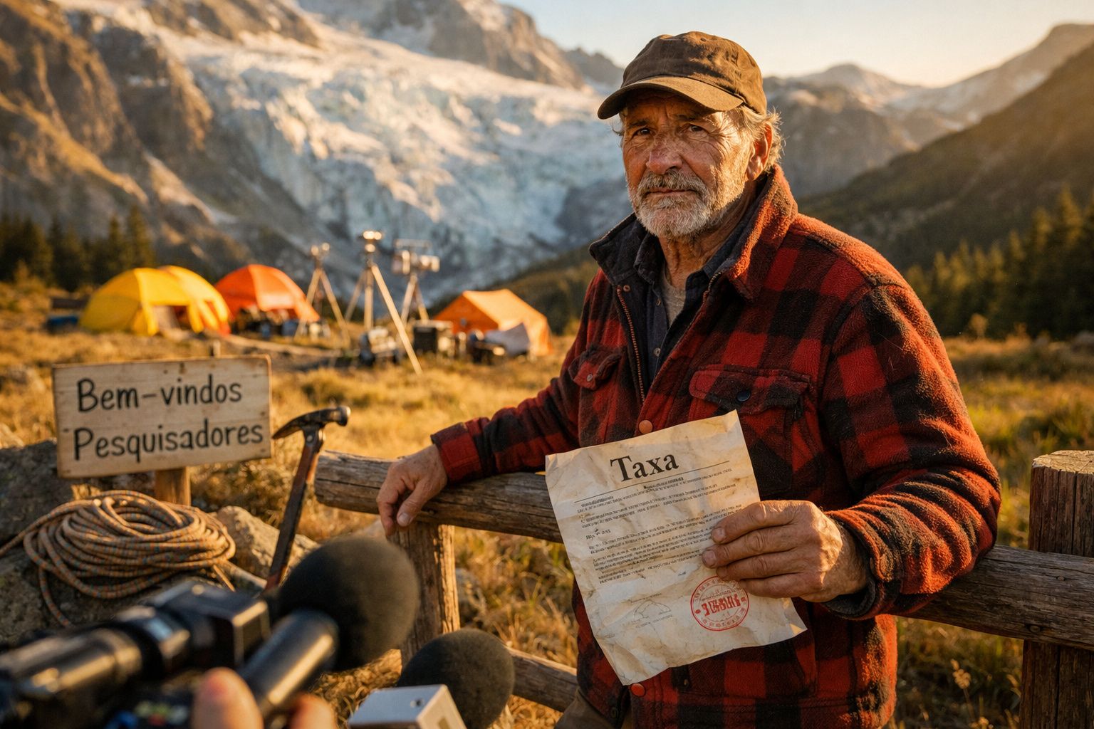 Homem com casaco xadrez segura papel com selo vermelho em acampamento de pesquisa na montanha.