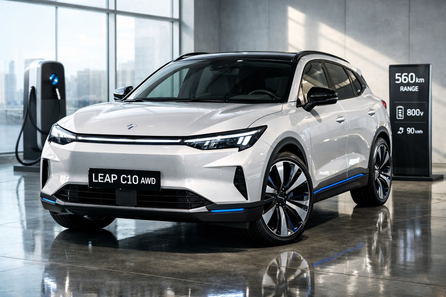 Carro elétrico branco LEAP C10 AWD estacionado junto a posto de carregamento em espaço moderno e iluminado.