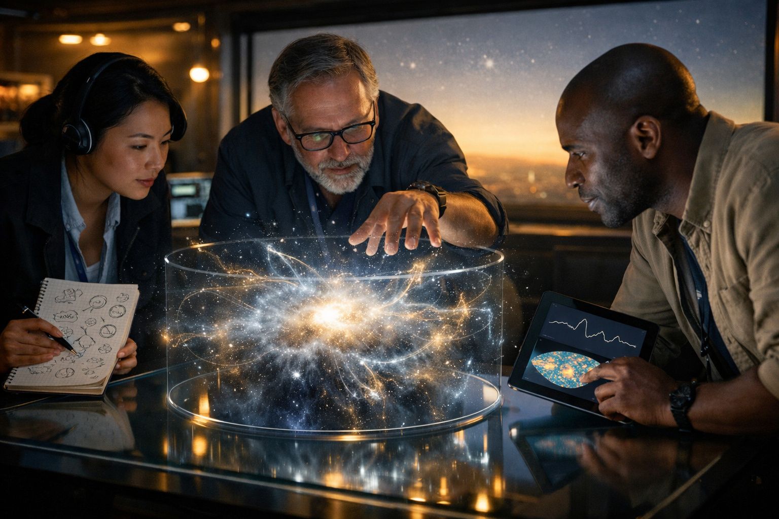 Três cientistas analisam modelo holográfico de galáxia numa mesa, com gráficos e anotações.