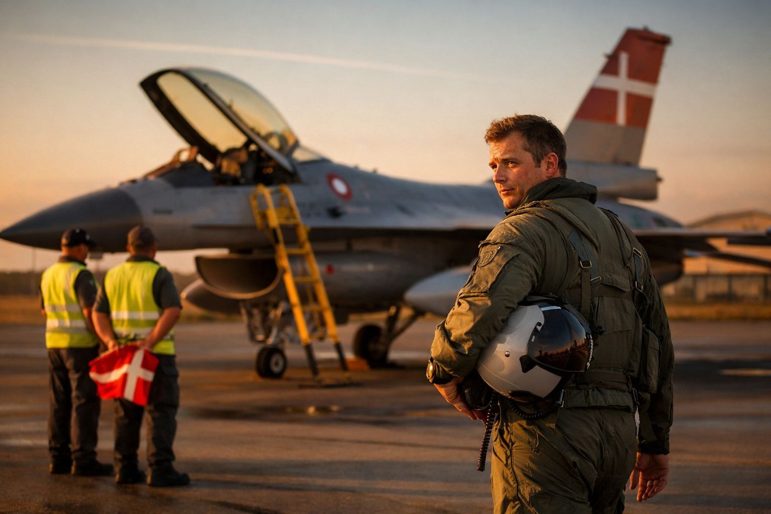 Piloto militar com fato de voo e capacete na mão junto a caça F-16 com bandeira da Dinamarca ao pôr do sol.