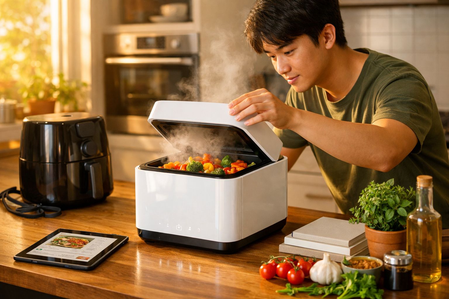 Homem a abrir máquina de cozinha a vapor com legumes frescos a cozinhar numa cozinha moderna.