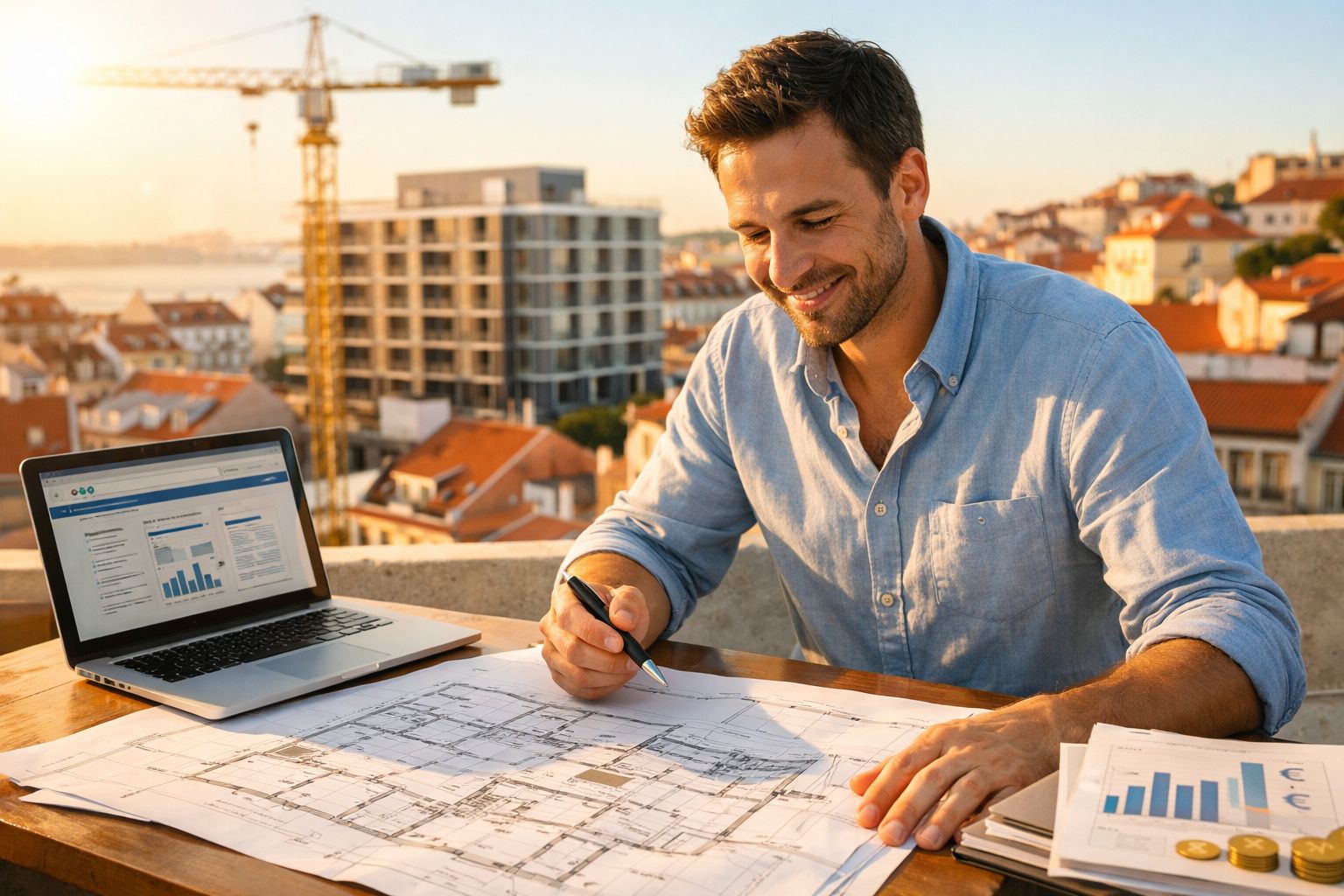 Homem a analisar plantas arquitetónicas ao ar livre com computador e gráficos num terraço na cidade.