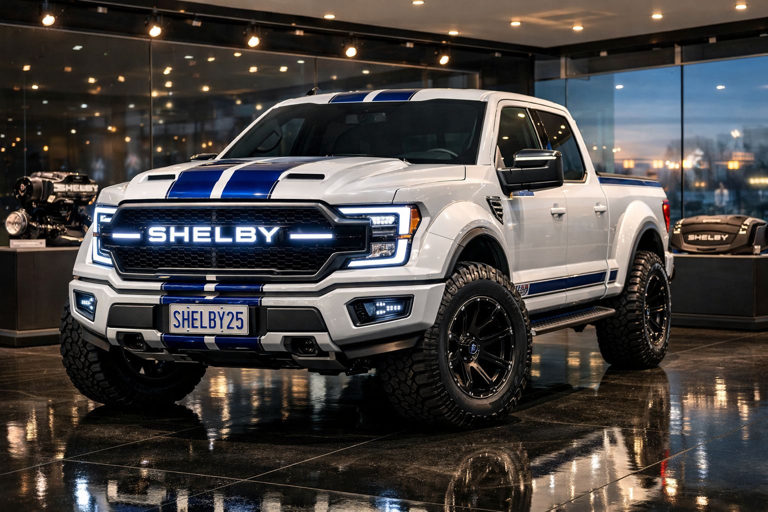 Pick-up branca Shelby com faixas azuis, destaque para a frente iluminada e pneus robustos em showroom.