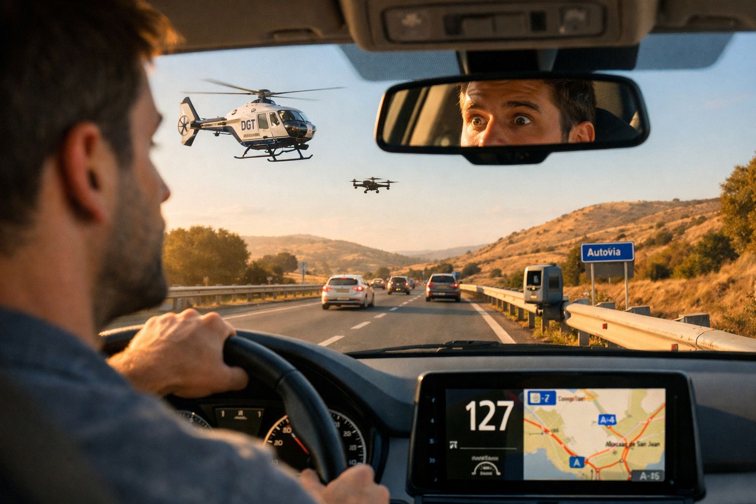Condutor atento em autoestrada a 127 km/h com helicóptero DGT e drone no céu ao entardecer.