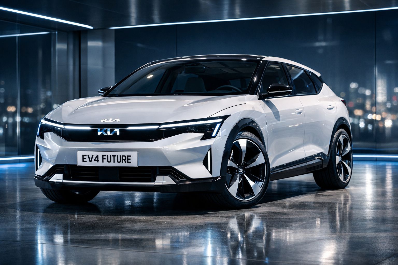 Carro elétrico Kia EV4 Future branco em ambiente urbano moderno, imagem noturna.