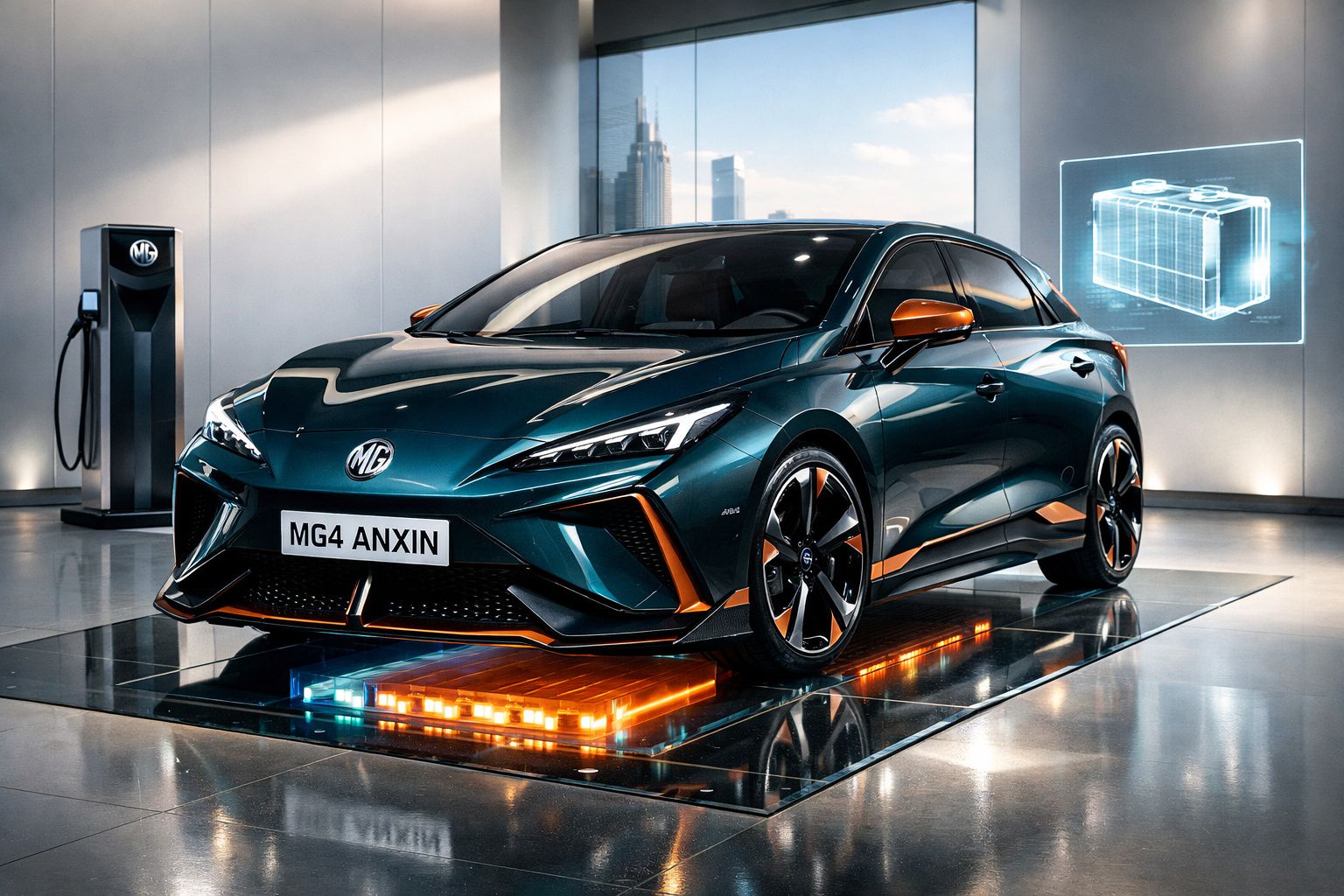 Carro elétrico desportivo MG4 ANXIN azul escuro num showroom moderno com estação de carregamento.