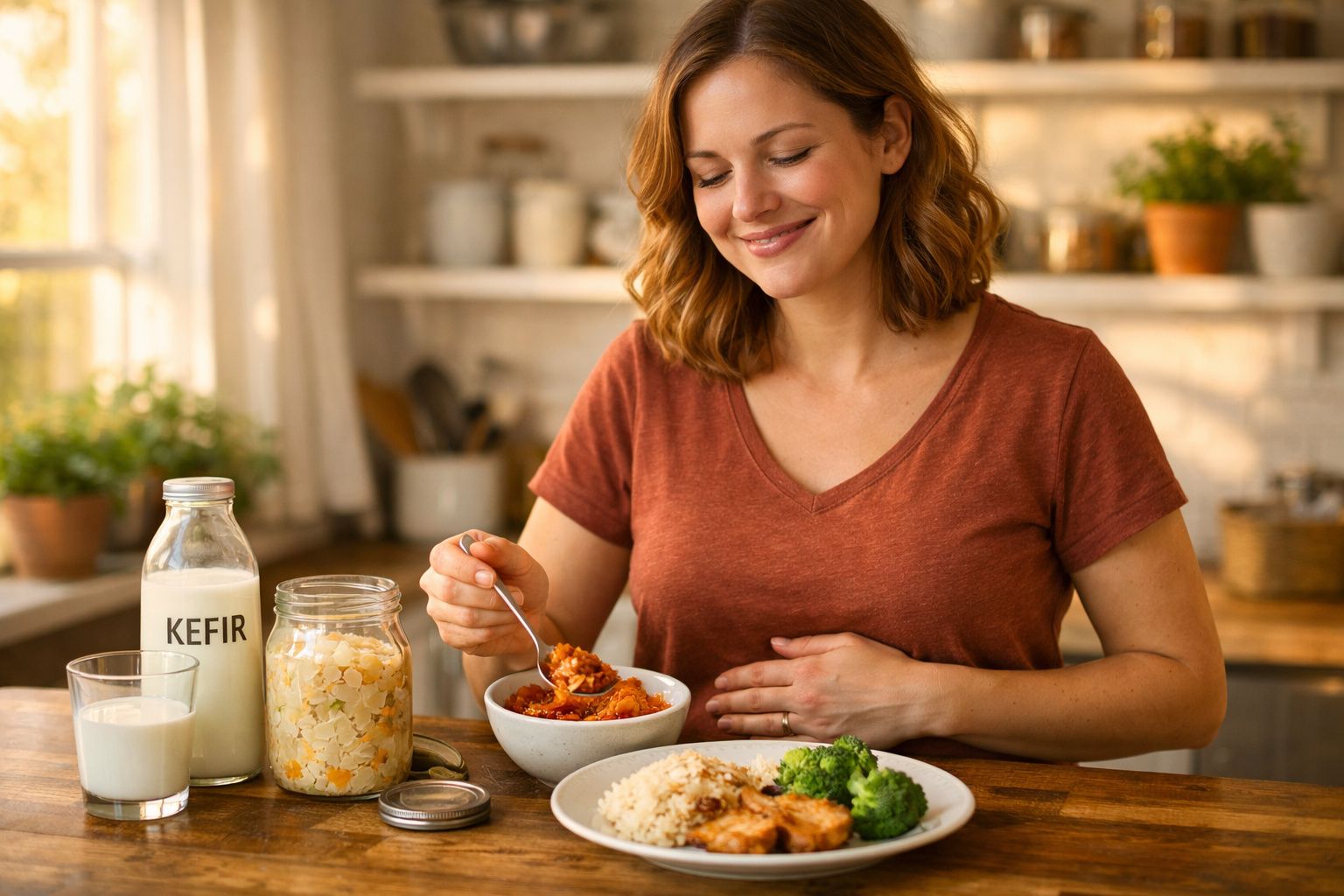 Mulher sorridente a comer uma refeição saudável numa cozinha com kefir e vegetais ao fundo.