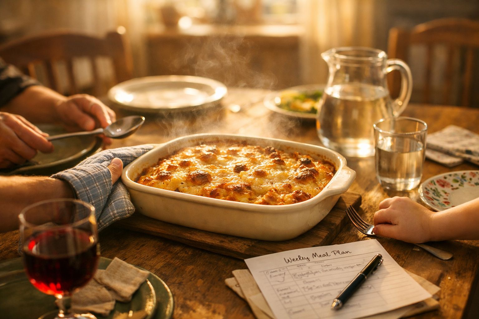 Prato de comida fumegante numa travessa branca sobre mesa de madeira com mãos, copos e plano semanal.