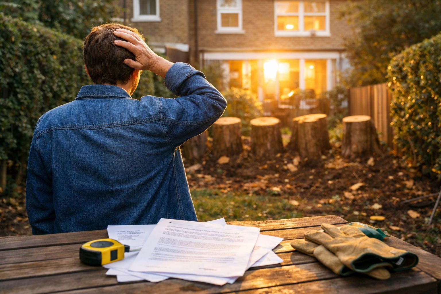 Homem em jardim contempla troncos cortados enquanto lê documentos sobre mesa de madeira ao pôr do sol.