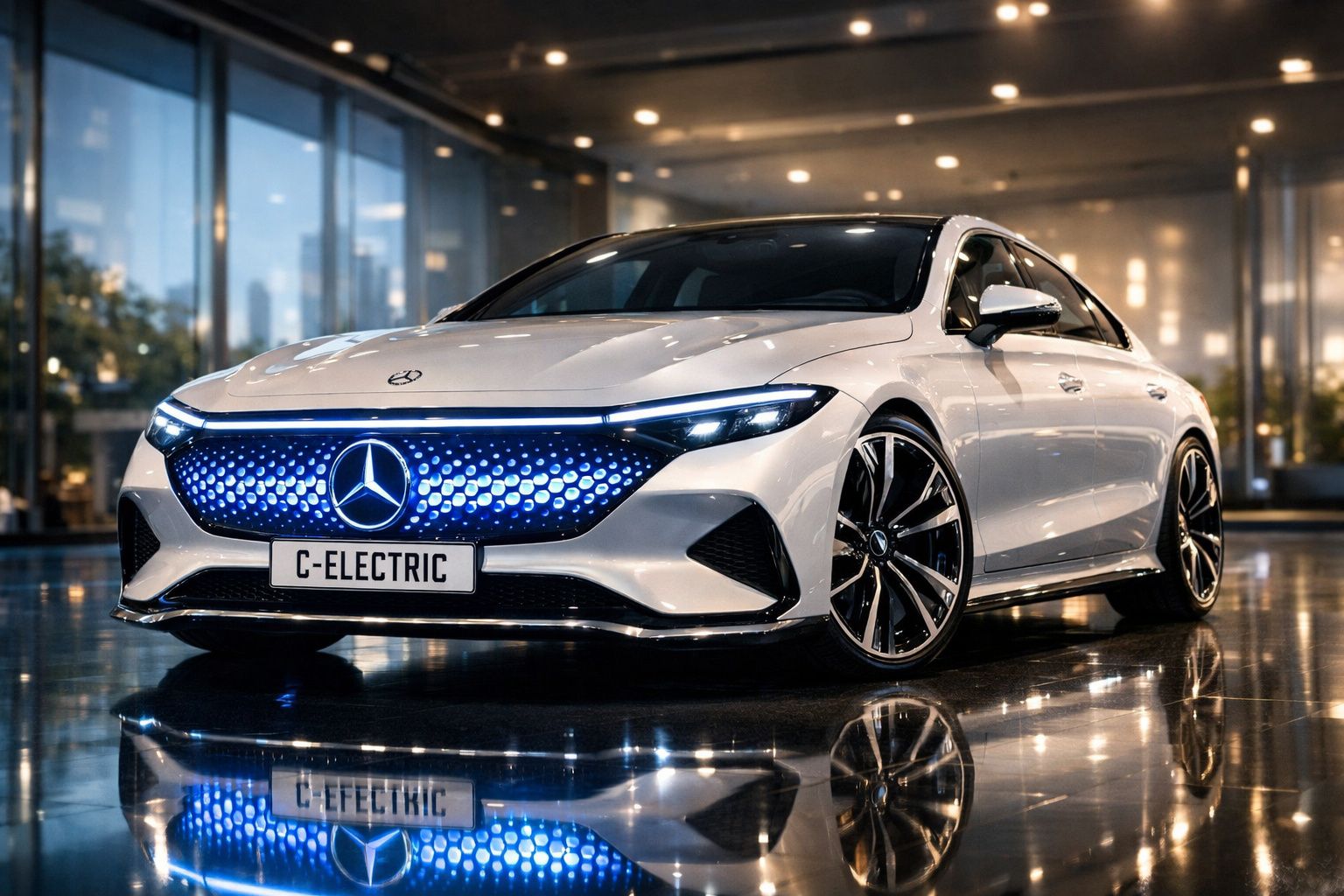 Carro elétrico Mercedes-Benz branco com faróis azuis e design futurista estacionado em espaço moderno e iluminado.
