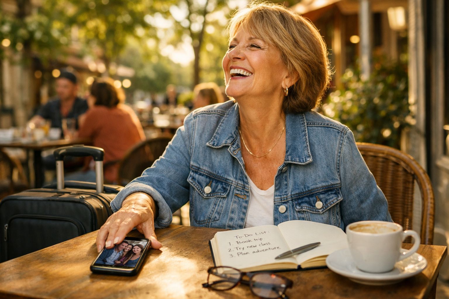 Mulher sorridente sentada numa esplanada com telemóvel, caderno com lista de tarefas e chávena de café.