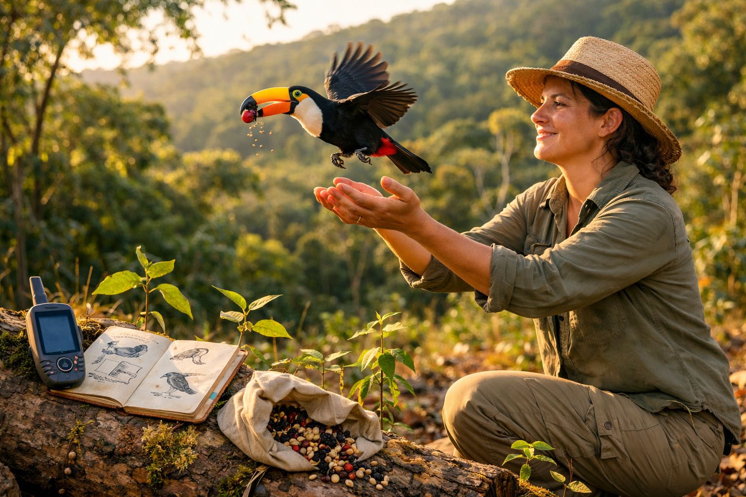 Mulher liberta tucano com bico laranja numa floresta, com caderno de observação de aves aberto e saco de sementes.