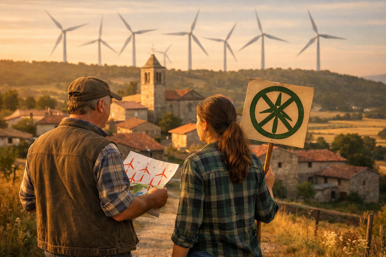 Duas pessoas em protesto contra turbinas eólicas, numa aldeia com moinhos ao fundo ao pôr do sol.