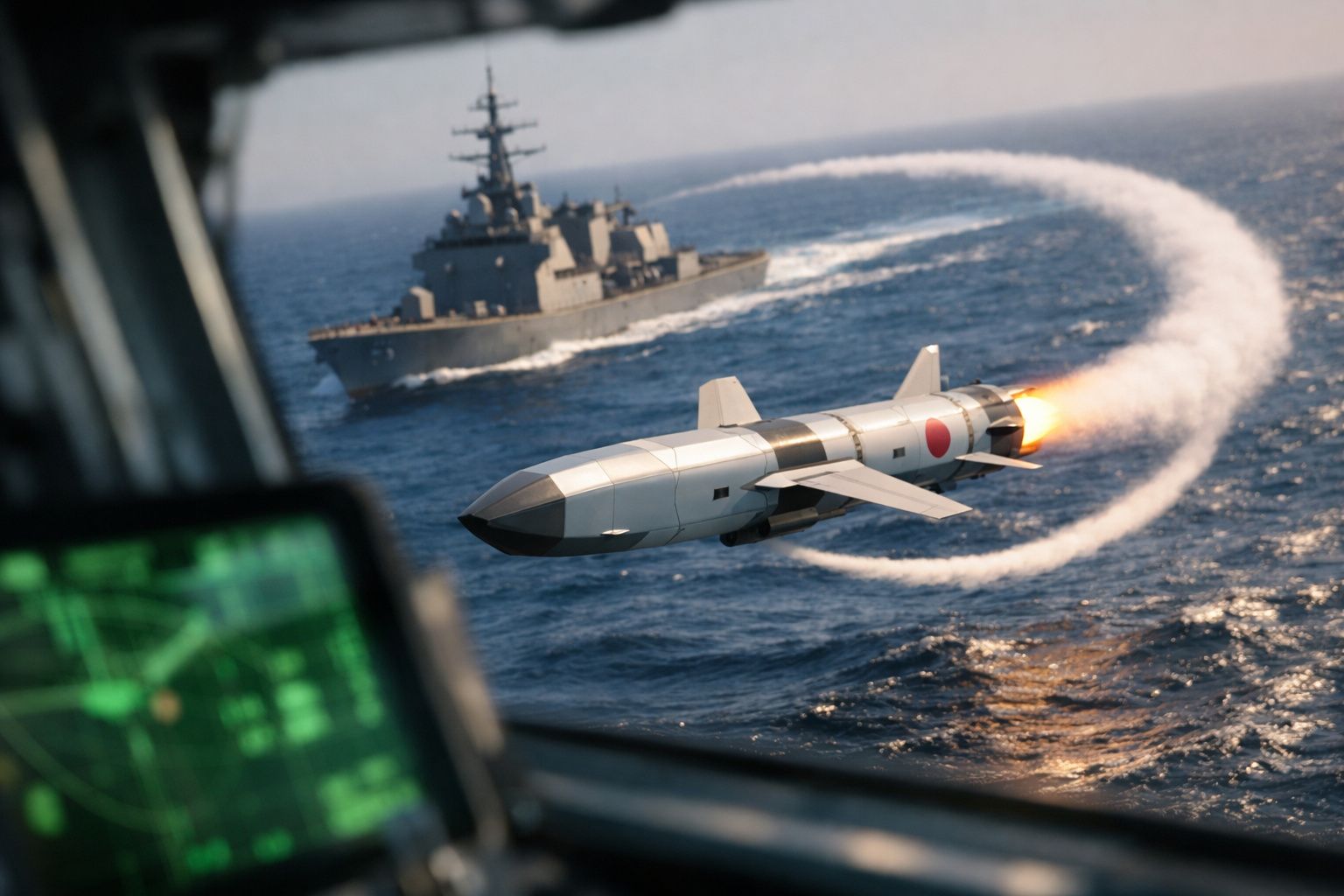 Míssil a ser lançado de navio militar no mar, visto a partir do interior de uma cabine com radar.
