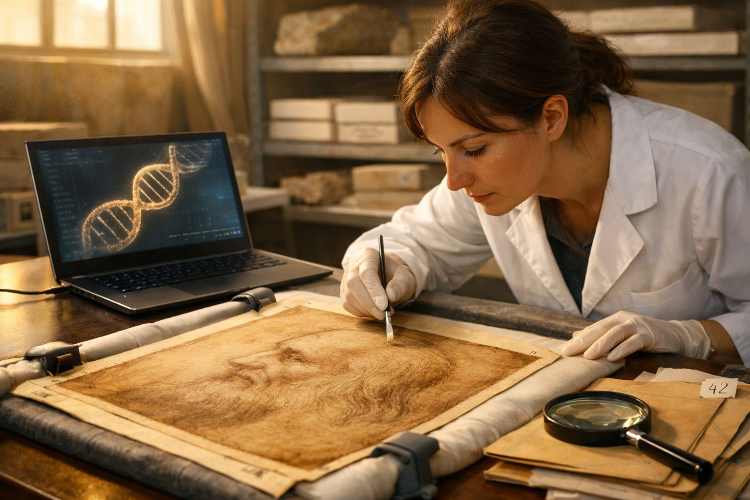 Mulher cientista a analisar e restaurar um desenho antigo com auxílio de análise genética no computador.