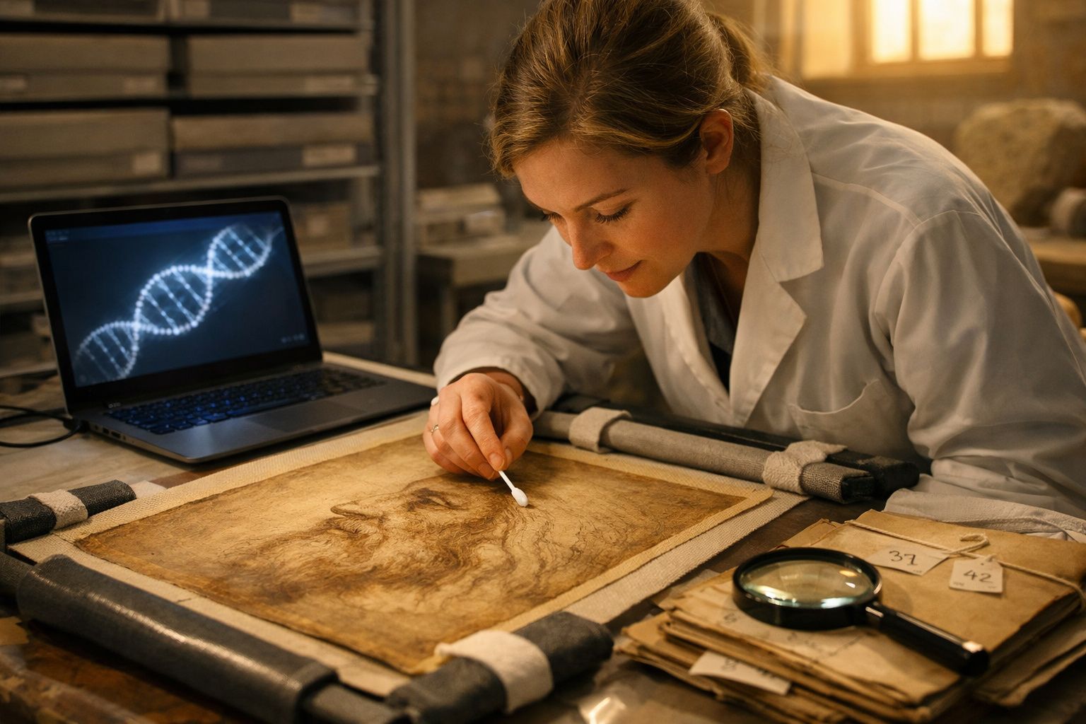 Cientista em laboratório a analisar e limpar manuscrito antigo com laptop e material de estudo ao redor.