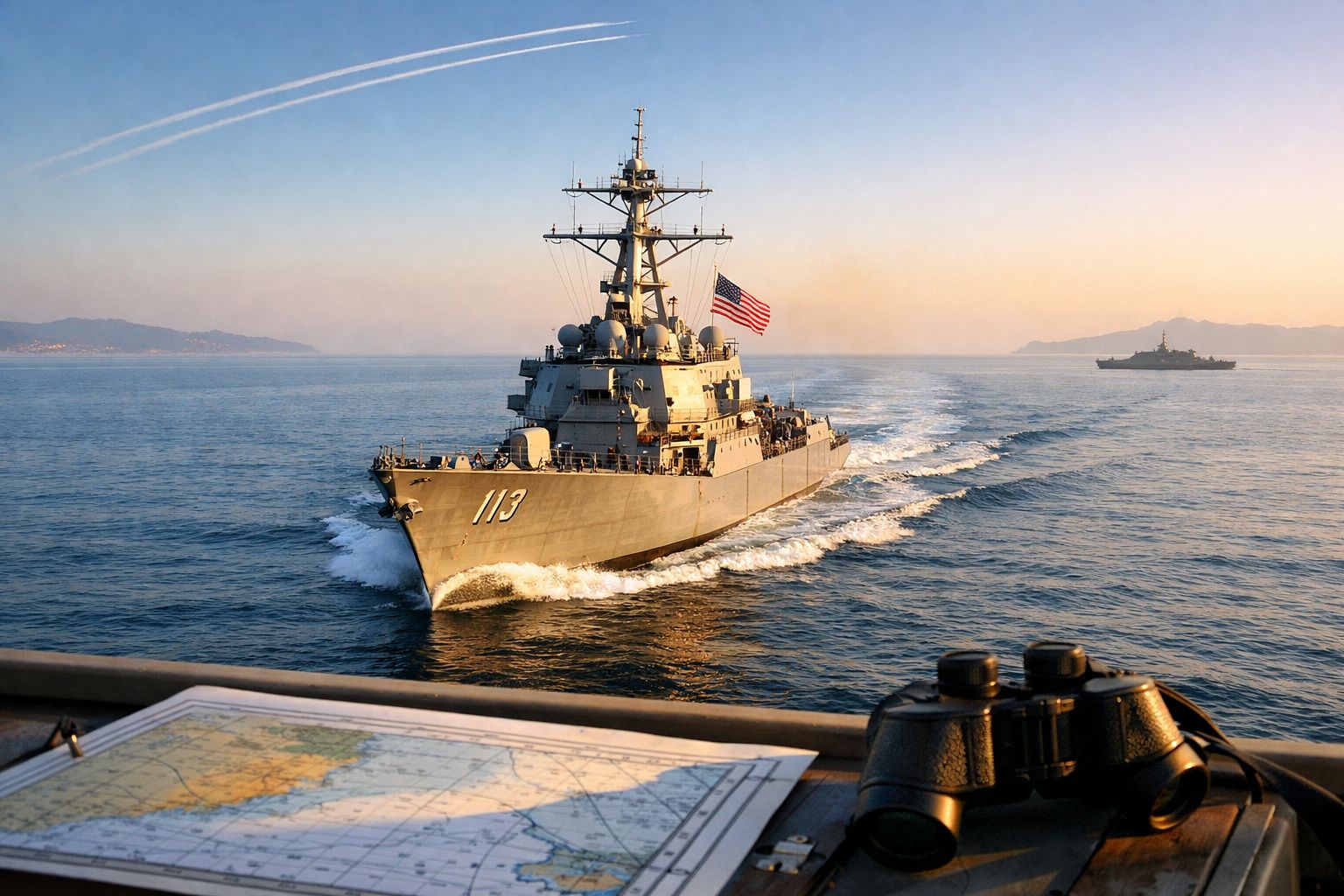 Cruzador naval dos EUA em mar calmo ao pôr do sol, visto da superfície com mapa e binóculos em primeiro plano.